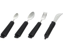 Aangepast dik bestek 4-delige set, bestekset. Verdikt handvat met soft grip. Buigzaam / Buigbaar. Zwart