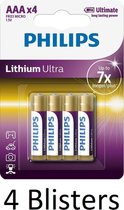16 Stuks (4 Blisters a 4 st) Philips AAA Lithium Ultra Batterijen
