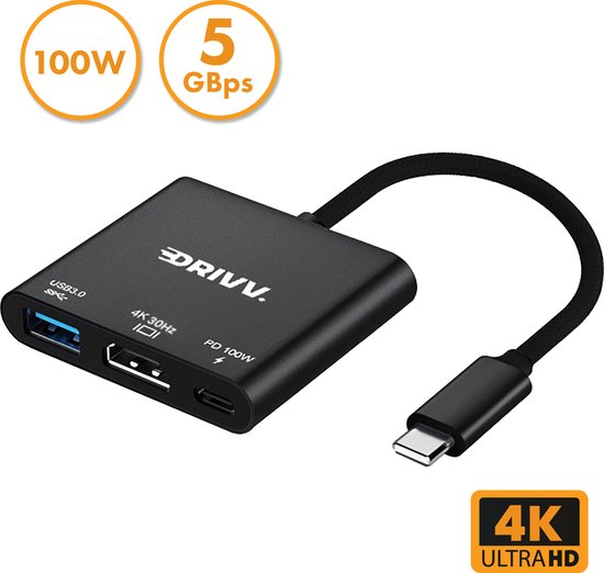 Drivv. USB C naar HDMI Adapter 3 in 1 - HDMI 4K 30hz - USB 3.0 - PDW 100w - Zwart