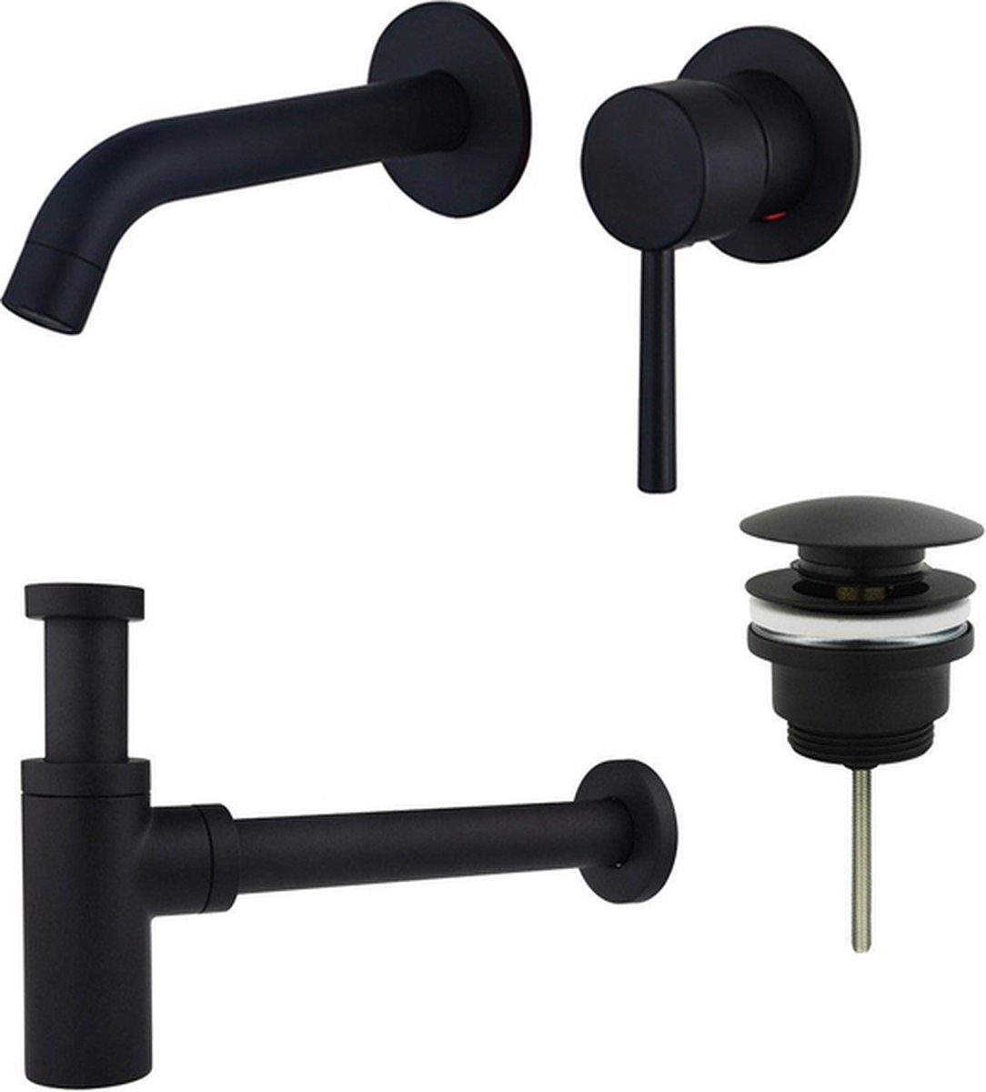 FortiFura Calvi Slim Wastafelkraanset inbouw wastafelkraan klikwaste plug design sifon Mat zwart