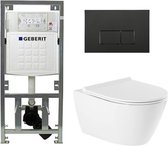QeramiQ Salina rimless toiletset - Geberit inbouwreservoir - Wandcloset - Wit – Softclose – Quickrelease – Rechthoekige knoppen – Mat zwart