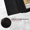 Zwarte, leren portemonnee met 'Echt Leder' en RFID bescherming opdruk.