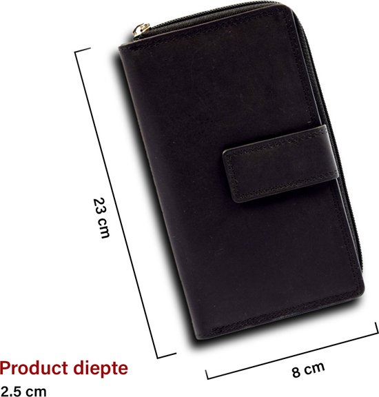 Zwarte, leren portemonnee met afmetingen 23 cm lang, 8 cm breed en 2.5 cm diep.