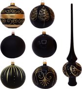 Lot de 10 : avec 1 Pic de sapin noir et 9 Boules de Noël noires avec Décoration dorée - 3 x 3 boules de 8 cm en verre décorées différemment
