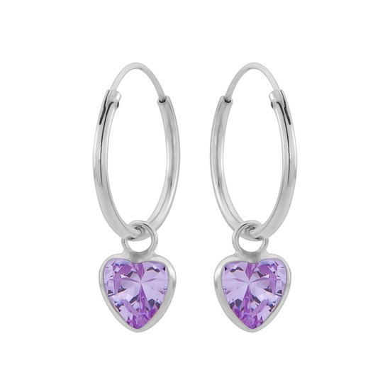 Oorbellen 925 zilver | Oorringen met hanger | Zilveren oorringen met hanger, hartvormige cubic zirkonia steen kleur lavendel