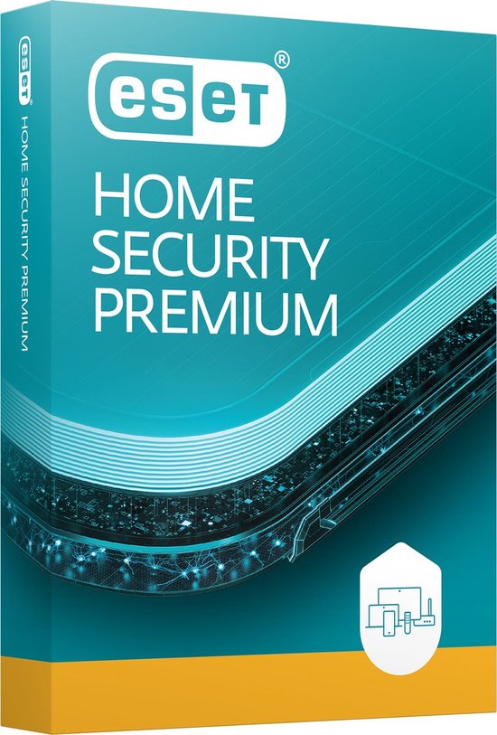 ESET HOME Security Premium productdoos met een blauwe en gele kleurstelling. Verticale tekst aan de linkerzijde 'ESET HOME SECURITY PREMIUM'.