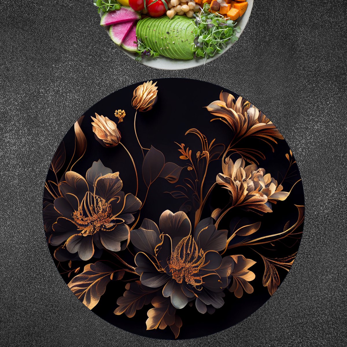 Luxe Ronde Placemat - Goud met Zwarte Bloemen Kunst - Set van 8 Placemats - 40x40 cm - 2 mm dik Vinyl - Anti Slip - Afneembaar — cadeau in Wonen & Interieur - foto 4