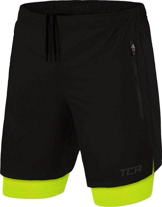 TCA Mannen Ultra 2 in 1 Hardloop Gym Shorts met Ritszakje - Zwart/Groen (2x Ritszakken), L