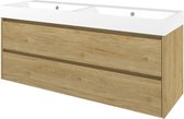 Proline Loft badkamermeubelset - 140x46x62cm - polystone Loft wastafel - 2 kraangaten - symmetrisch - MFC Ideal oak/Glans wit