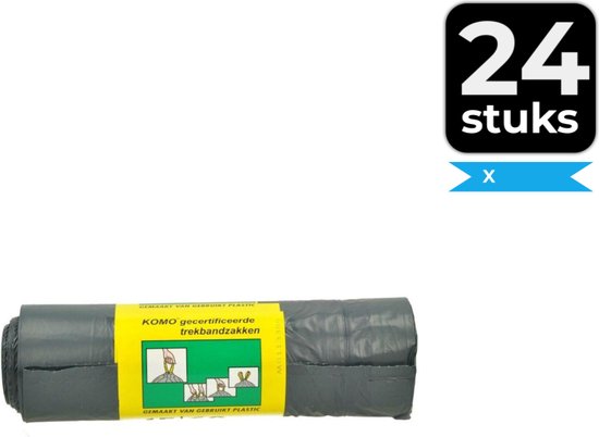 Un rouleau de sacs poubelles KOMO gris foncé avec cordon sur fond blanc, avec '24 pièces' dans un cadre noir.