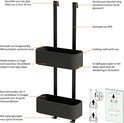 Organisateur de douche noir Tiger 2-Store à deux compartiments, avec détails sur les dimensions et les matériaux.