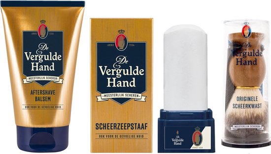 Foto: Vergulde hand 3 delige set after shave balsem orginele scheerkwast scheerstaaf