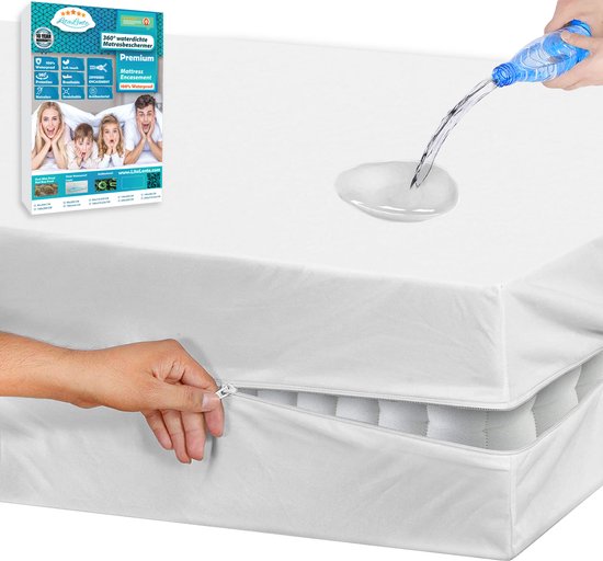 Wit matras beschermhoes met ritssluiting. Water druppelt op het matras. Op de verpakking staat "Premium 360° waterdichte Matrasbeschermer" en een gezin.
