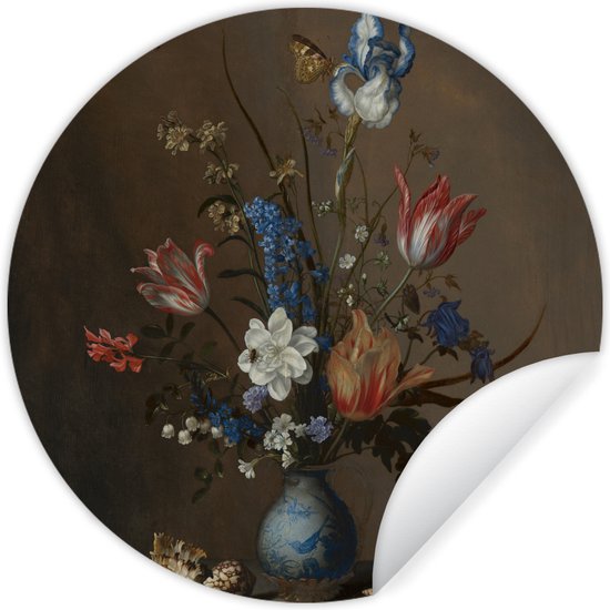 WallCircle - Muurstickers - Behangcirkel - Bloemen in een Wan-Li vaas en schelpen - Schilderij van Balthasar van der Ast - 100x100 cm - Muurcirkel - Zelfklevend - Ronde Behangsticker XXL - StickerSnake