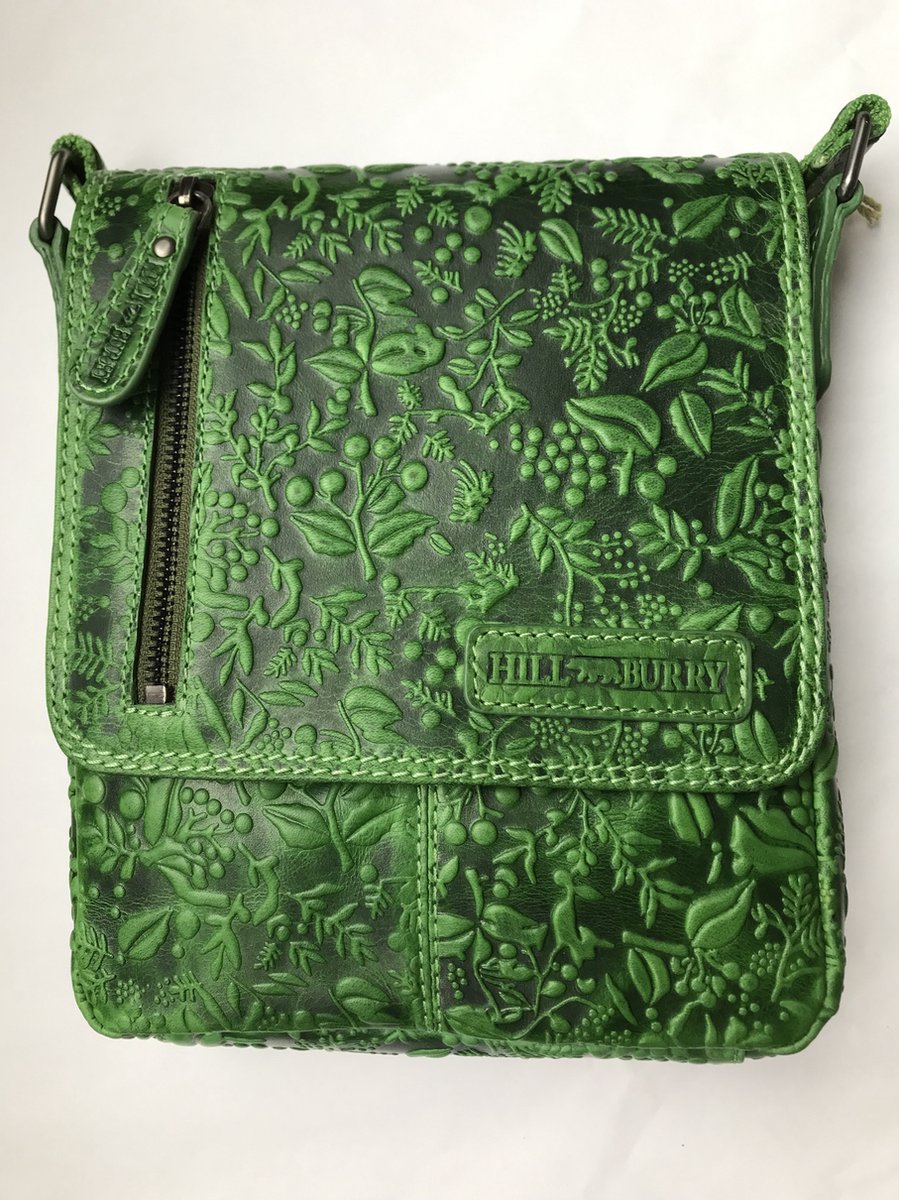 Hillburry Leren Crossbodytas / Schoudertas met Bladeren Reliëf Groen