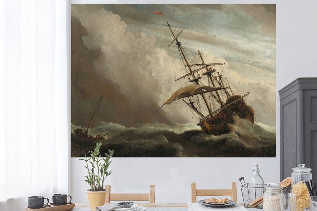 Muurstickers - Sticker Folie - Een schip in volle zee bij vliegende storm - Schilderij van