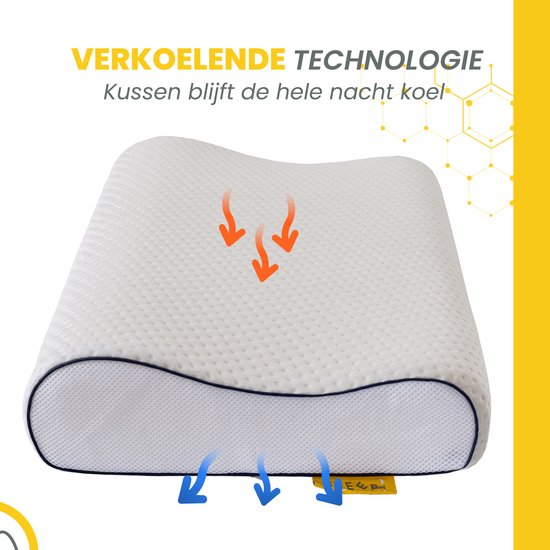 Wit neksteunkussen met ergonomische vorm, met pijlen die koelte aanduiden.