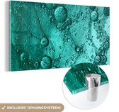MuchoWow® Glasschilderij 80x40 cm - Schilderij acrylglas - Druppels op een turquoise achtergrond - Foto op glas - Schilderijen