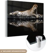 MuchoWow® Glasschilderij 120x90 cm - Schilderij acrylglas - Luipaard - Water - Bos - Foto op glas - Schilderijen