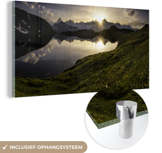 MuchoWow® Glasschilderij 80x40 cm - Schilderij acrylglas - Zwitserland - Alpen - Water - Foto op glas - Schilderijen