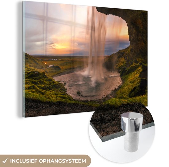 MuchoWow® Glasschilderij - Waterval - IJsland - Natuur - Acrylglas Schilderijen - Foto op Glas