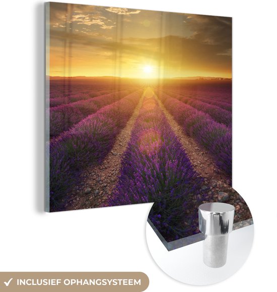 MuchoWow® Glasschilderij 90x90 cm - Schilderij acrylglas - Zonsondergang - Lavendel - Frankrijk - Foto op glas - Schilderijen