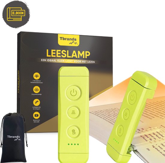 Tbrands® - Lampe de livre rechargeable USB - Lampe à pince rechargeable USB - 5 niveaux de luminosité - Intensité variable - 3 réglages d'éclairage - Lampe à presser - Lampe de lecture pour livre - Vert