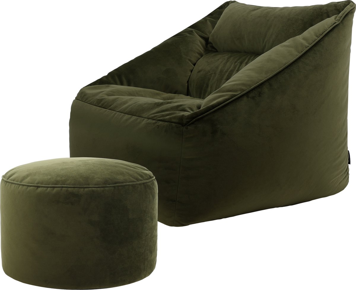 icon - Natalia XL Zitzak Fauteuil met Ronde Poef - Velours - Olijfgroen