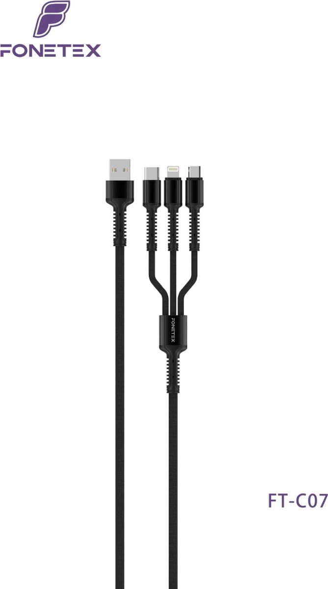 FoneTex 1.2m 3 In 1 Kabel - 8Pin/USB-C/Micro - 3.4A Output - Gewoven