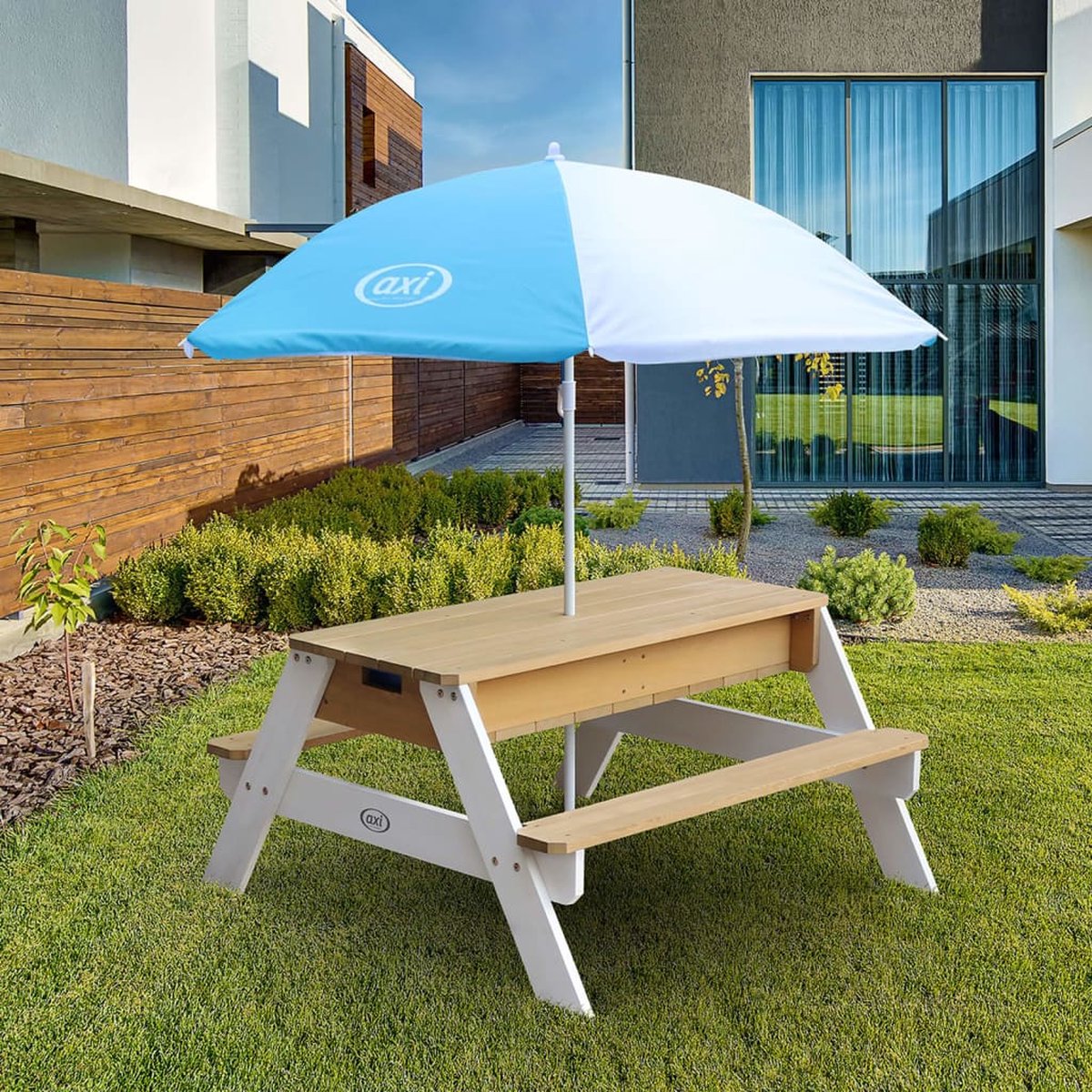 AXI Nick Zand & Water Picknicktafel in Bruin/Wit voor kinderen - Met in hoogte verstelbare Parasol in Blauw/Wit - Multifunctionele Picknick tafel van FSC hout - Picknick tafel voor kinderen van hout — afbeelding 2