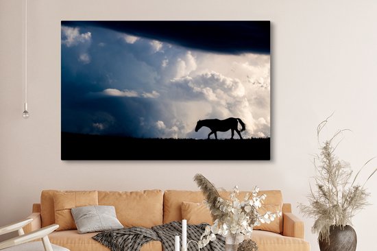 Cheval dans les montagnes toile 2cm 150x100 cm - Tirage photo sur toile (Décoration murale salon / chambre) / Animaux de la ferme Peintures sur toile