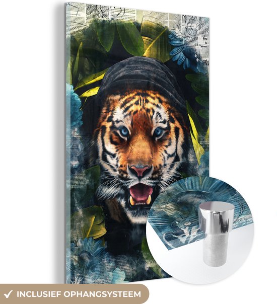 MuchoWow® Peinture sur verre 120x180 cm - Peinture sur verre - Tigre - Journal - Fleurs - Photo sur verre acrylique - Peintures