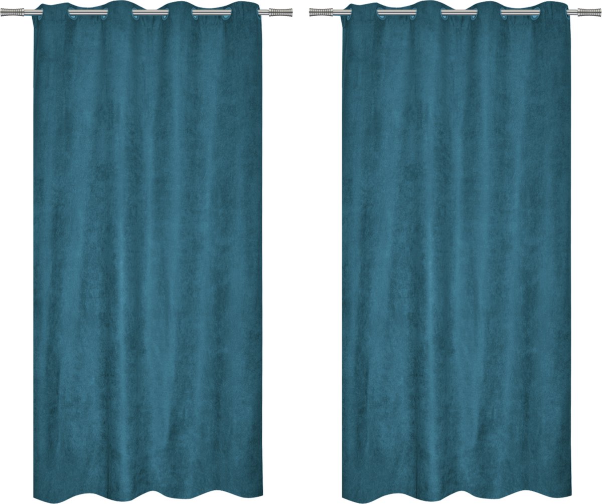 INSPIRE - Set van 2 verduisteringsgordijnen NEWMANCHESTER - 2 x B.140 x H.280 cm - Gordijnen met oogjes - Suède imitatie - Turquoise blauw