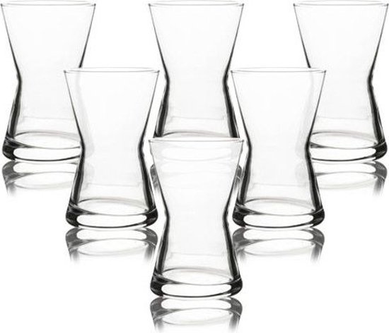Een set van zes heldere glazen theeglazen met een zandloper-vorm.