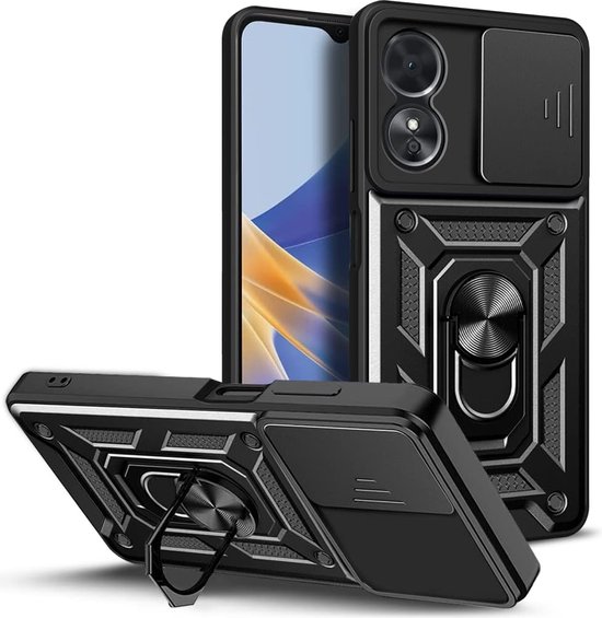 Foto: Casemania hoesje geschikt voor oppo a18 a38 zwart anti shock hybrid armor met kickstand ring met camera bescherming