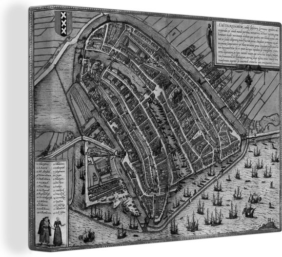 Canvas Schilderij Plattegrond - Amsterdam - Zwart wit - 120x90 cm - Wanddecoratie