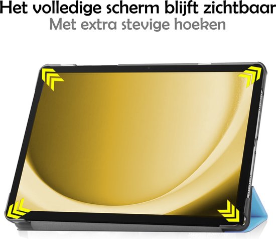 Une tablette dans un étui bleu clair, avec des marques indiquant la visibilité complète de l'écran et des coins renforcés supplémentaires.