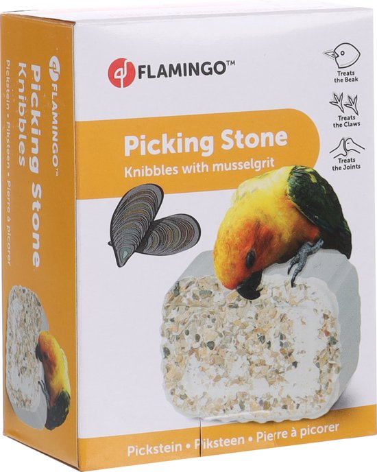 Doos met Flamingo Picking Stone, met een tropische vogel erop die van de steen knabbelt.