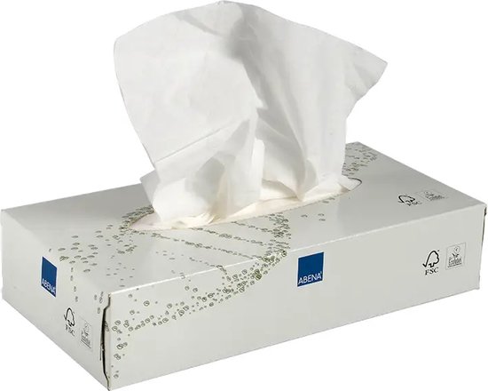 Wit kartonnen doosje Abena tissues met groen patroon. Een tissue steekt uit de opening.