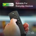 Hand met afstandsbediening, met naast een GP Extra AAA batterij. Tekst 'Suitable For Everyday Devices'.