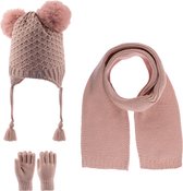 Kitti 3-Delig Winter Set | Muts (Beanie) met Fleecevoering - Sjaal - Handschoenen | 4-8 Jaar Meisjes | K23170-04-04 | Powder Pink