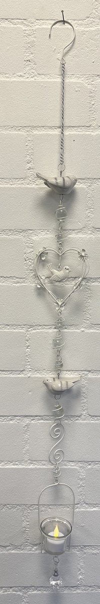 Deco theelichthouder "Hart+vogel"met metalen ketting - Keramieke vogel - Witte ketting + wit/grijze vogel - lengte 108 cm - exclusief theelicht - Woondecoratie - Theelichthouder - Woonaccessoires