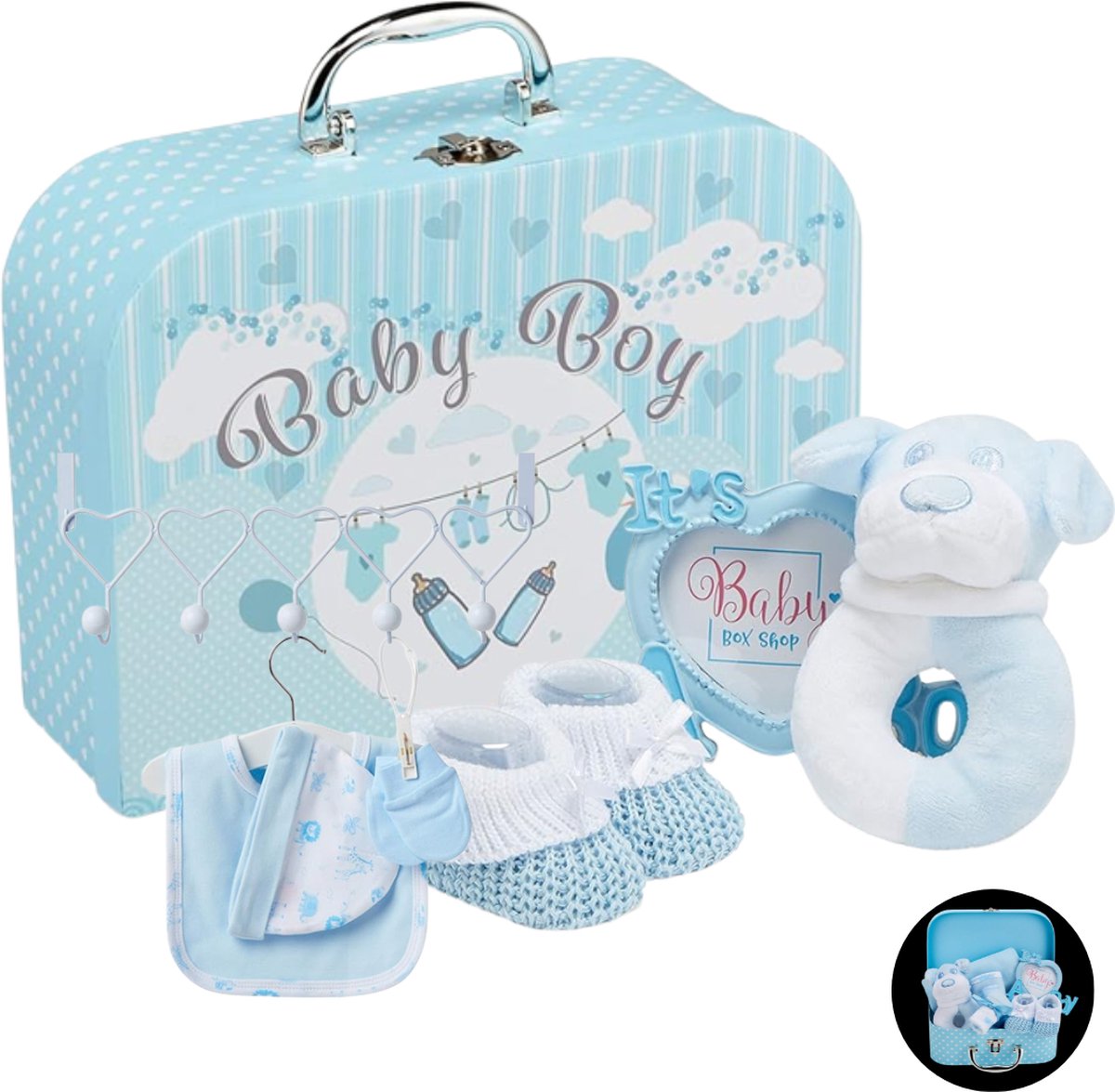 Goedkoopste Baby cadeau Baby jongen met babyset Pasgeboren set jongen inclusief rammelaar, fotolijst, mousseline doek, slabbetje, sokken, handschoenen en muts