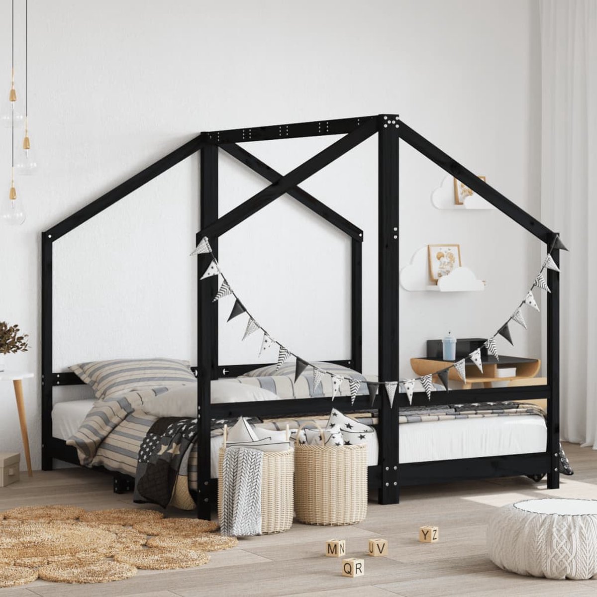vidaXL Kinderbedframe - 2x(80x160) - cm - massief - grenenhout - zwart