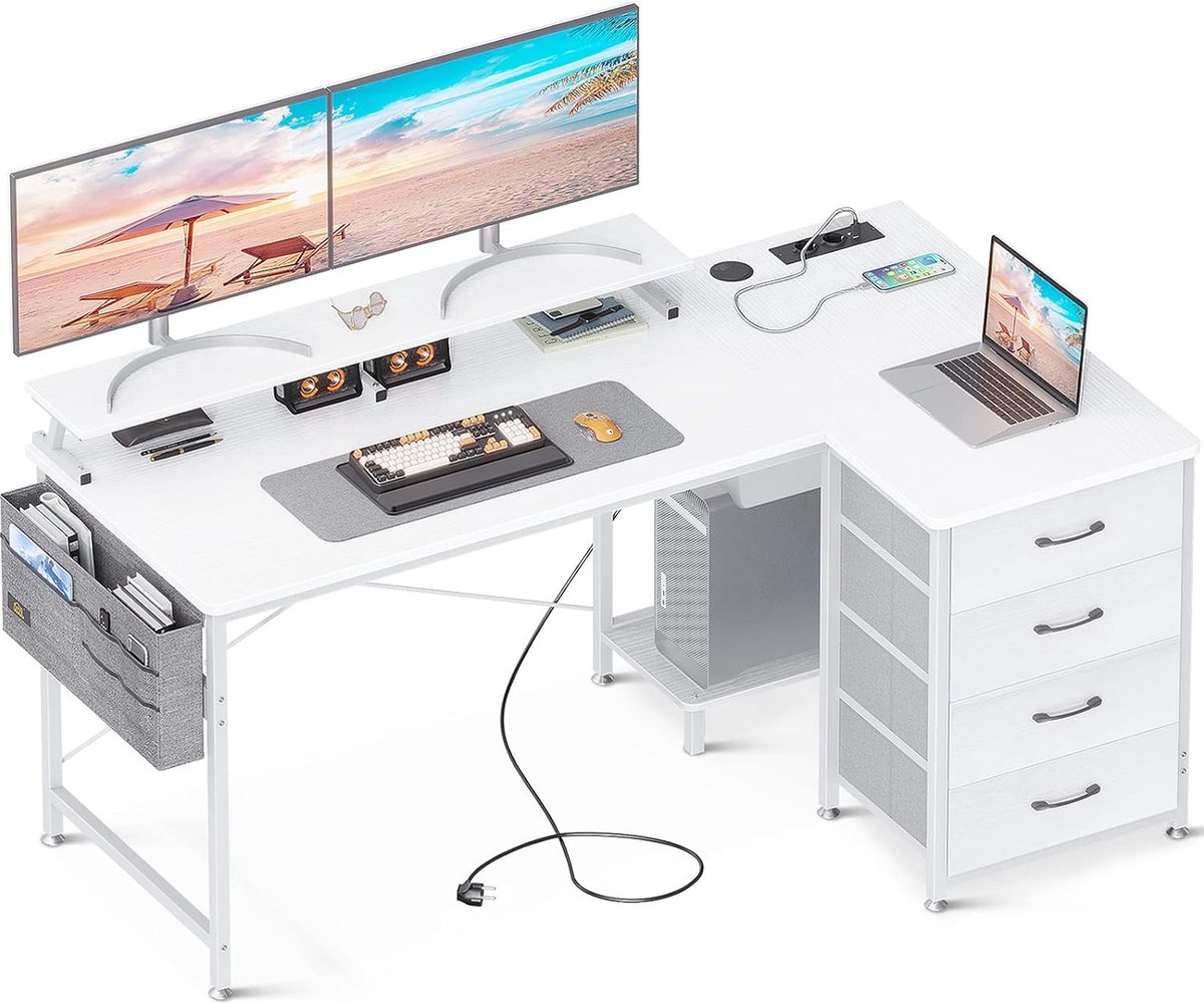 Bureau en forme de L, bureau d'angle, blanc avec port de chargement USB et  prise
