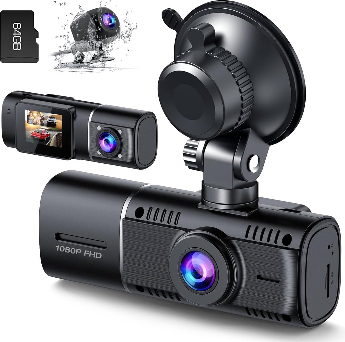 3-Kanaals Auto Dashcam - Full HD Voor- Achter- en Interieurregistratie - Infrarood Nachtzicht - Bewegingsdetectie - Compact en Discreet Ontwerp - Parkeermodus - Auto Beveiligingscamera