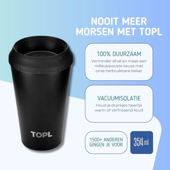 TOPL TPL12JB Lekvrije Thermosbeker - Vacuüm geïsoleerd - Roestvrijstaal - Met slimme deksel - 354 ML - Zwart