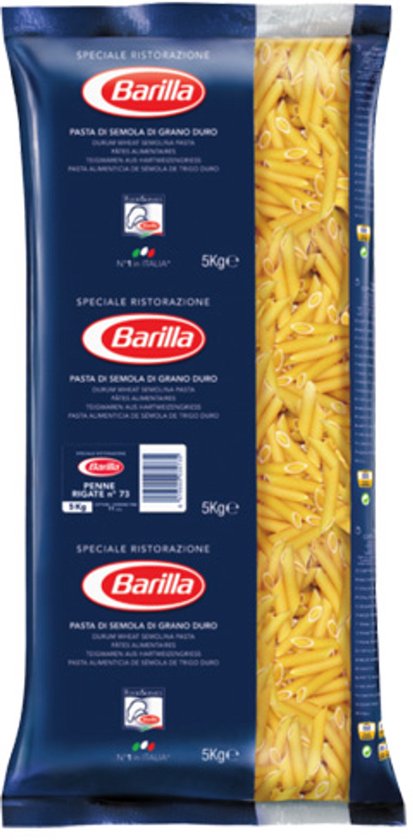 Barilla penne rigate no. 73, 5kg. Gemaakt van durum tarwe semolina.