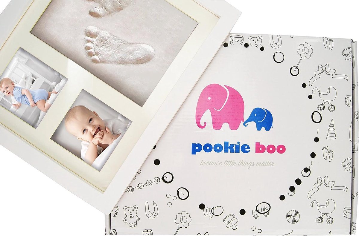 Niet-giftige Afdrukmassa Pookie Boo Baby Hand- En Voetafdrukset - Met Houten Fotolijst, Acrylglas, Foto Holders, Niet-Giftige Klei Pookie Boo Knutsel Set