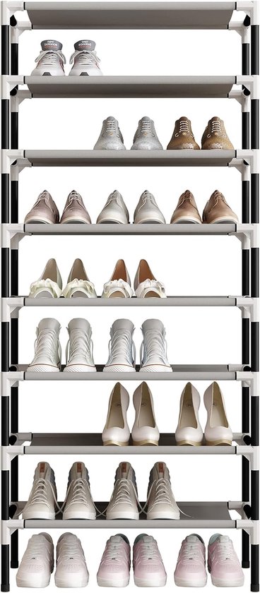 Zwart 8-laags schoenenopbergrek organisator plankhouder standaard voor 24 paar schoenen, extra stevig ontwerp met 16 mm verdikte buizen